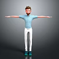 3D Male Character Model In Light Blue Shirt White Pants Green Shoes And Arms Outstretched