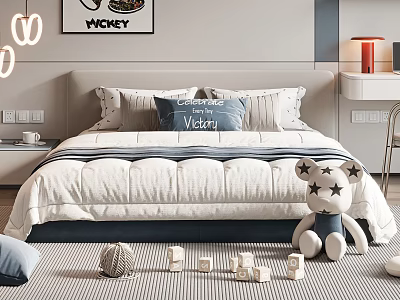 Cozy Kids Bed Room Decor With Stuffed Toy Wooden Blocks Mickey Poster And Striped Rug 3d model