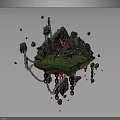 Mystical Floating Island Scene With Green Grass Red Lava Chains And Scattered Rocks