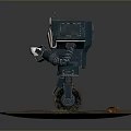 Robot Character And Mechanical Creature On Rocky Platform With Metal Arm Wheel And Orange Tool