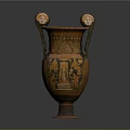 Ancient Greek Vase With Two Face Shaped Handles And Decorative Patterns 3d model