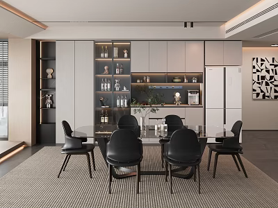Modern Restaurant Interior With Dining Table Black Chairs Cabinets And Ambient Lighting 3d model