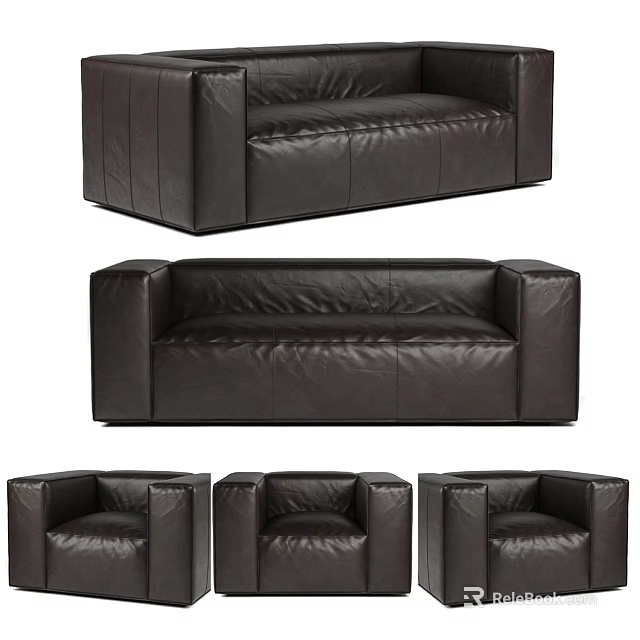 Modern Black Leather Sofa Set With Three Seater Sofa And Single Armchairs 3d model