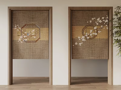 Japanese Style Woven Bamboo Doors With Plum Blossom Patterns And Bird Decorations Near Green Plant 3d model