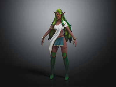 Elf Fantasy Character With Green Skin Pointed Ears Green Hair White Top Blue Skirt 3d model