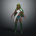 Elf Fantasy Character With Green Skin Pointed Ears Green Hair White Top Blue Skirt