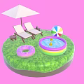Outdoor Green Platform Setup With Lounge Chairs Umbrella Beach Ball Donut Float And Inflatable Pool