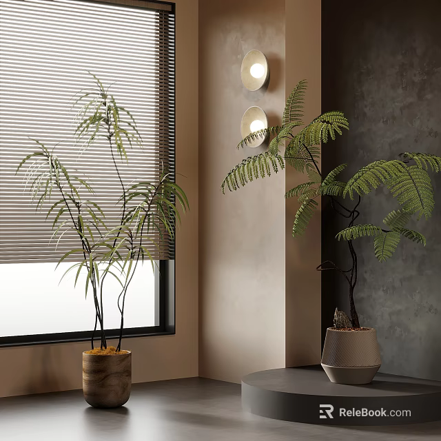 Modern Interior Corner With Window Blinds Green Plants And Wall Lamps 3d model 