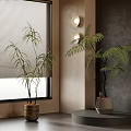 Modern Interior Corner With Window Blinds Green Plants And Wall Lamps