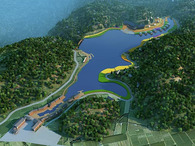 Aerial View Planning Of Lake Green Spaces And Forested Surroundings With Buildings And Winding Paths 3d model