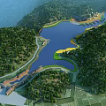 Aerial View Planning Of Lake Green Spaces And Forested Surroundings With Buildings And Winding Paths