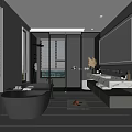 Modern Bathroom Interior Design With Black Bathtub Glass Shower And Marble Countertop Blinds