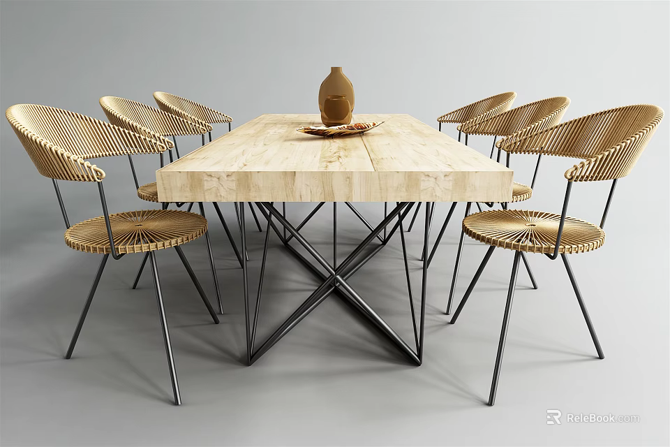 Modern Outdoor Table With Wooden Tabletop X Shaped Metal Legs And Rattan Chairs 3d model 