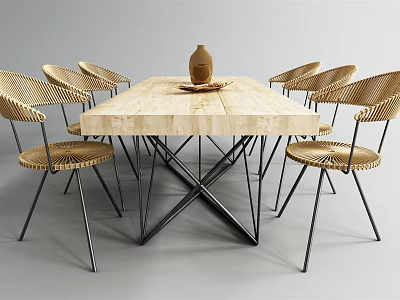 Modern Outdoor Table With Wooden Tabletop X Shaped Metal Legs And Rattan Chairs 3d model