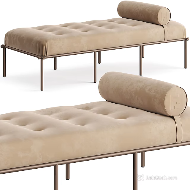 Modern Beige Sofa Bench With Tufted Velvet Upholstery And Metal Legs 3d model 