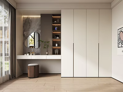 Modern Elegant White Built in Wardrobe With Dressing Table Mirror Green Plant And Wooden Floor 3d model