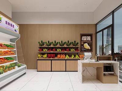 Modern Cozy Fruit Store Interior Design With Neat Fresh Fruit Shelves And Marble Checkout Counter 3d model