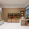 Modern Cozy Fruit Store Interior Design With Neat Fresh Fruit Shelves And Marble Checkout Counter