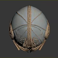 Ornate Bronze Helmet With Intricate Carved Patterns And Shiny Metallic Surface