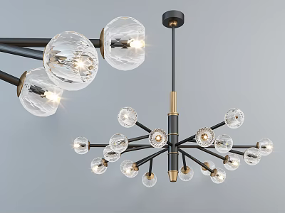 Modern Branched Chandelier With Black Metal Frame Clear Glass Balls And Gold Accents 3d model