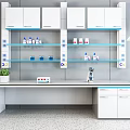 Modern Laboratory Interior With White Cabinets Glass Shelves Lab Counter And Reagent Bottles