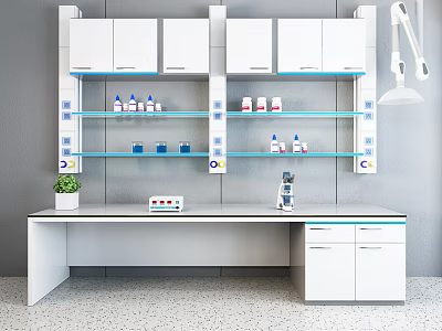 Modern Laboratory Interior With White Cabinets Glass Shelves Lab Counter And Reagent Bottles 3d model