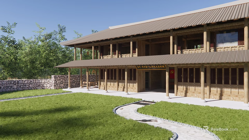 Ancient Building With Wooden Columns Tile Roof And Stone Path In Courtyard 3d model 