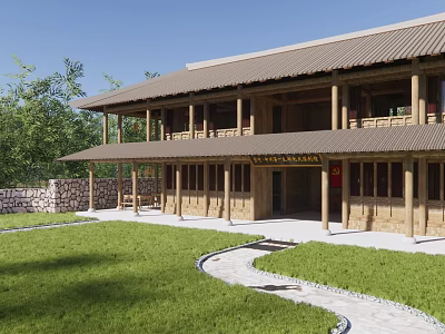 Ancient Building With Wooden Columns Tile Roof And Stone Path In Courtyard 3d model