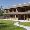Ancient Building With Wooden Columns Tile Roof And Stone Path In Courtyard