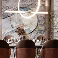 Chinese Modern Restaurant Interior With Round Pendant Light Marble Backdrop Brown Dining Chairs And Rug