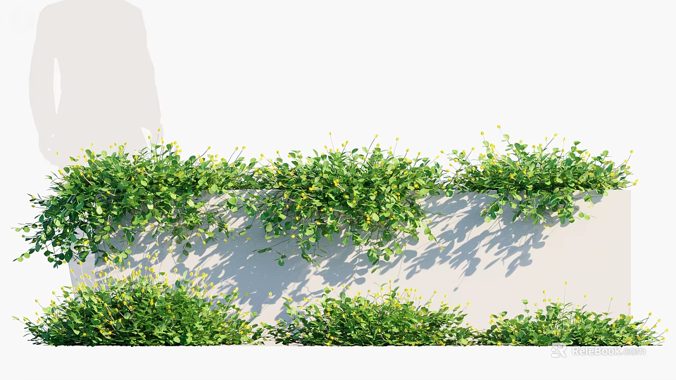 Green Climbing Vines With Yellow Small Flowers On White Wall And Low Green Plants 3d model 