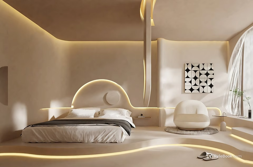 Elegant Modern Hotel Room With Round Headboard Curved Lines Soft Lighting And White Furniture 3d model 