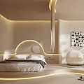 Elegant Modern Hotel Room With Round Headboard Curved Lines Soft Lighting And White Furniture