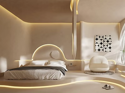 Elegant Modern Hotel Room With Round Headboard Curved Lines Soft Lighting And White Furniture 3d model