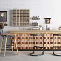 Bar Counter Interior Design With White Brick Wall Grid Shelf Bar Stools And Decor Items 3d model