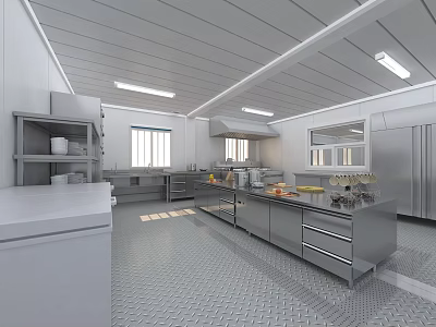 Professional Commercial Kitchen With Stainless Steel Worktables Cabinets Ceiling Lights And Slip Resistant Flooring 3d model