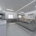 Professional Commercial Kitchen With Stainless Steel Worktables Cabinets Ceiling Lights And Slip Resistant Flooring