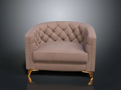 Luxury Modern Light Brown Armchair With Tufted Diamond Pattern Curved Armrests And Gold Metal Legs 3d model