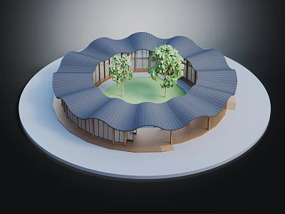 Architectural Model Of Circular Building With Wavy Roof And Central Trees 3d model