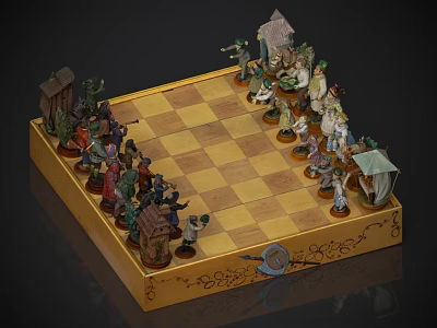 Decorative Chess Set With Wooden Board Carved Design Miniature Houses And Tents 3d model