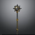 Ornate Spiked Mace Weapon With Blue Accents Gold Trim And Twisted Silver Handle