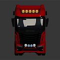 Red Scania Truck Model With Shiny Exterior Yellow Headlights And Black Wheels