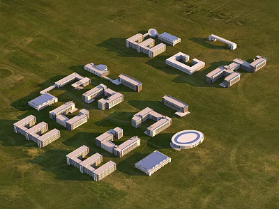 Aerial View Of White And Light Colored School Buildings With Various Shapes On Green Lawn 3d model