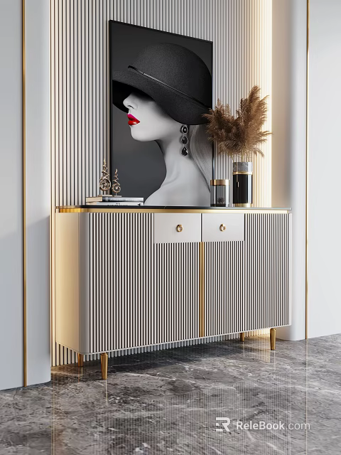 Elegant Modern Entryway Console Cabinet With Striped Doors Gold Accents And Decor Items 3d model 