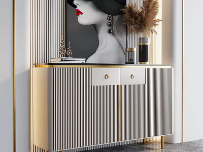 Elegant Modern Entryway Console Cabinet With Striped Doors Gold Accents And Decor Items 3d model