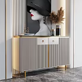 Elegant Modern Entryway Console Cabinet With Striped Doors Gold Accents And Decor Items