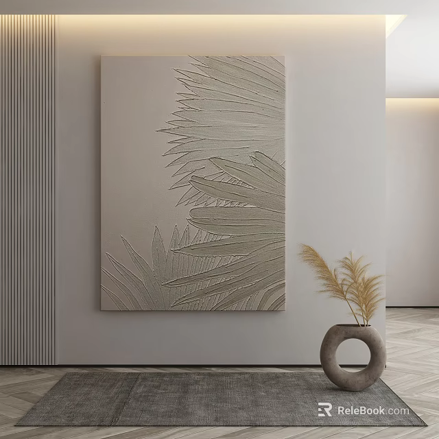 Modern Minimalist Interior With Leaf Pattern Artwork And Pampas Grass Vase 3d model