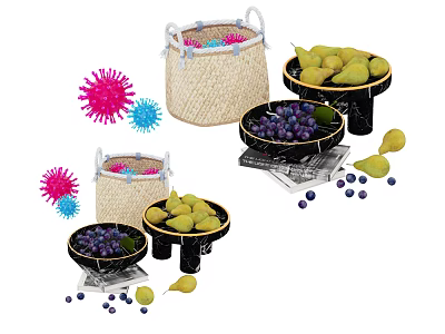 Household Items Featuring Wicker Baskets Fruit Bowls With Pears Grapes And Colorful Items 3d model