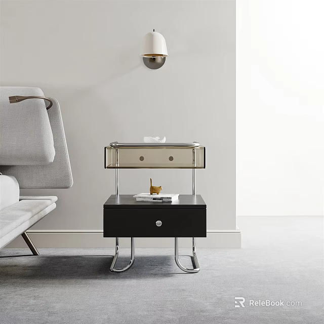 Modern Bedside Tables With Metal Frames Glass Drawers And Decorative Items 3d model 