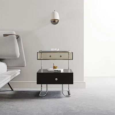 Modern Bedside Tables With Metal Frames Glass Drawers And Decorative Items 3d model